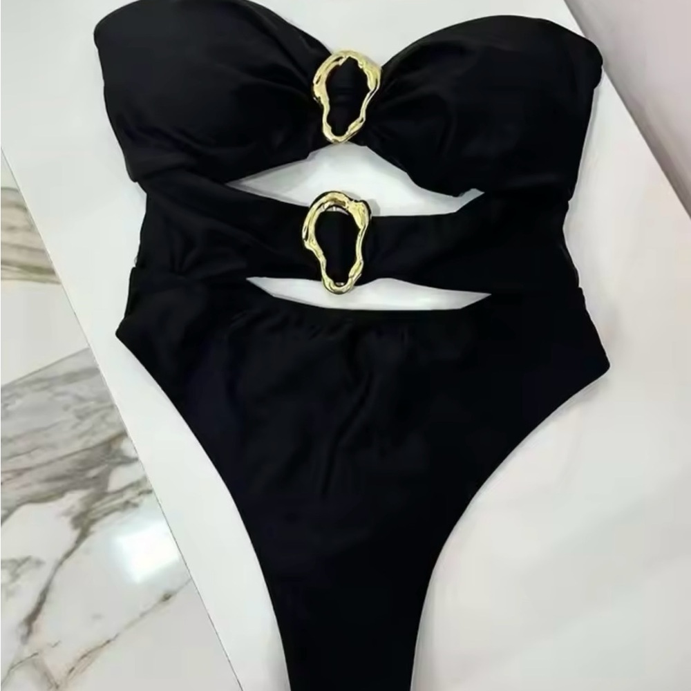 NWOT Elegant Black One-Piece Swimsuit with Gold Accents